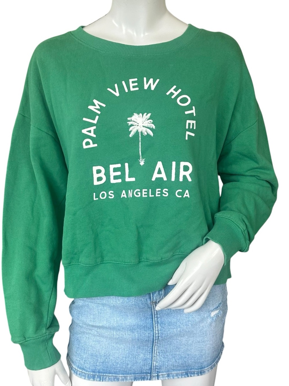 Anthropologie Maeve Green Cropped Boxy Bel Air California Crewneck Sweatshirt Sm